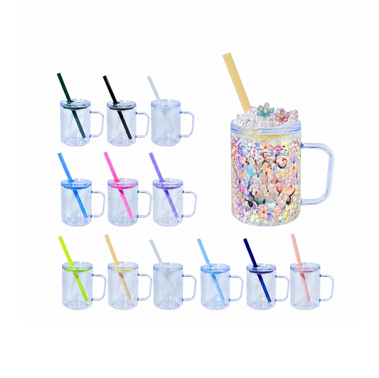 17oz Acrylic Snow Globe Coffee Cup Tumbler w/ Handle, Colored Lid & Straw